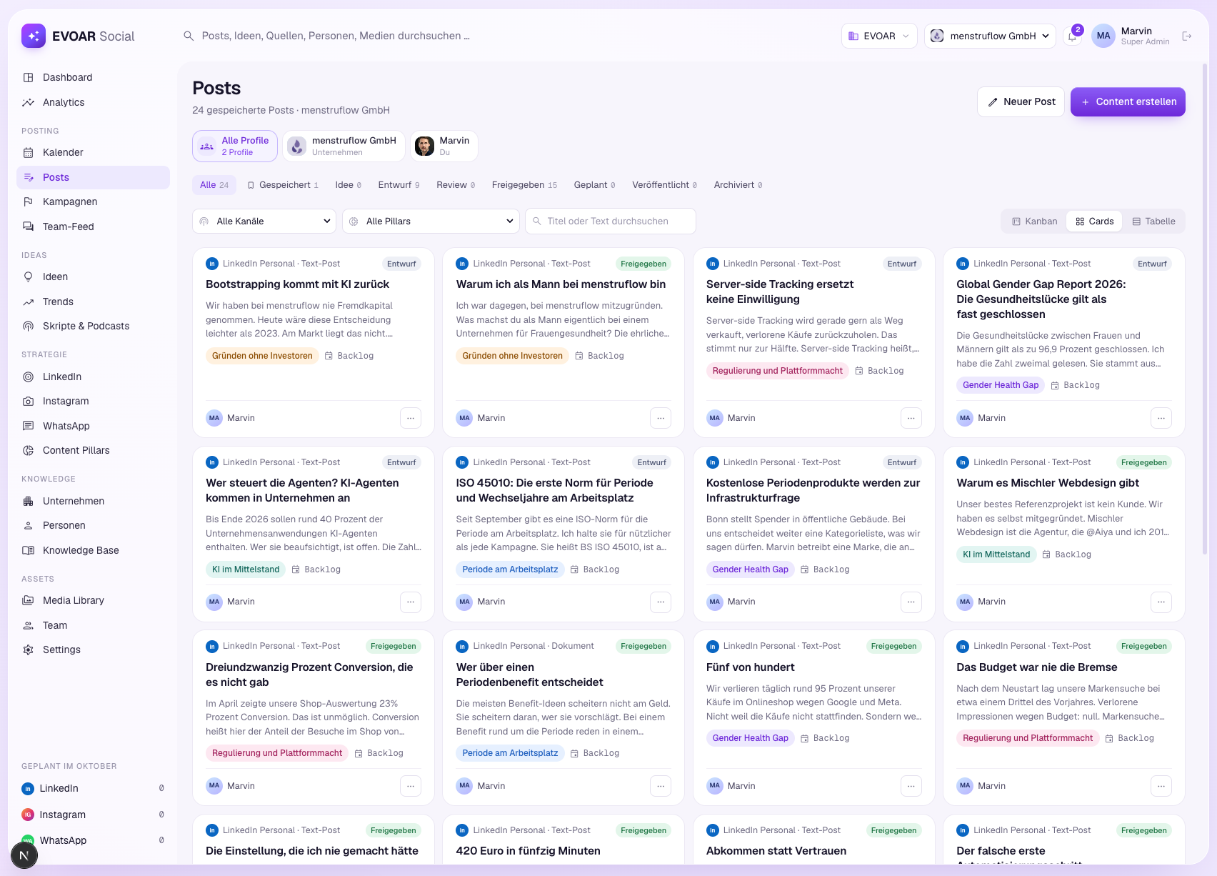 EVOAR Social Posts-Übersicht